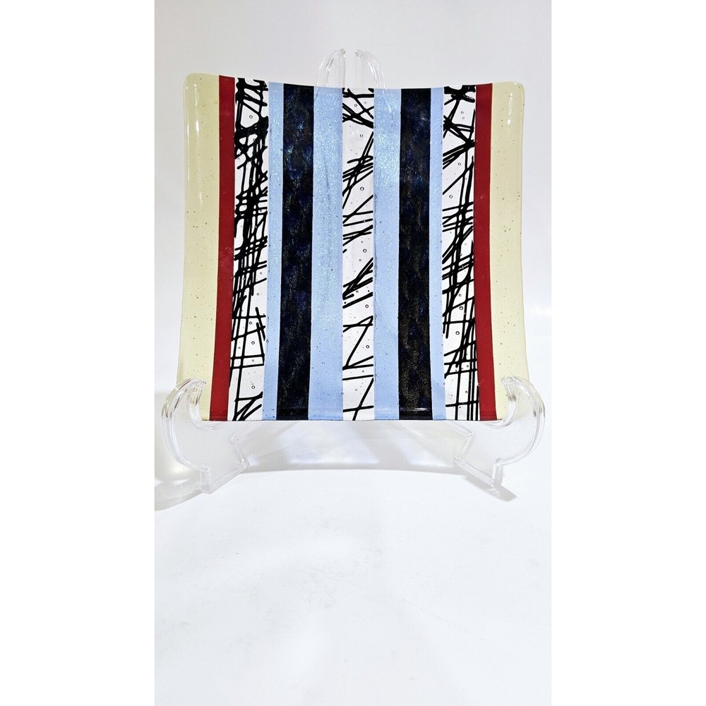 Vintage Abstract Striped Pattern Fused Glass Square Plate W/‎ Mettalic...